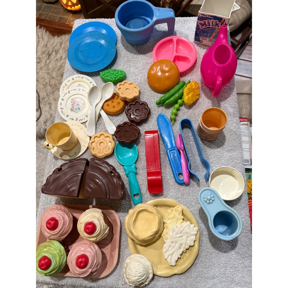 Vintage Fisher Price Mixed Play Food Kitchen Accessories Lot Cupcakes Cake Tea